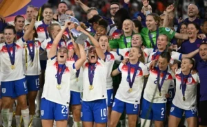 England women's football team with the Women's Euro 2025 trophy